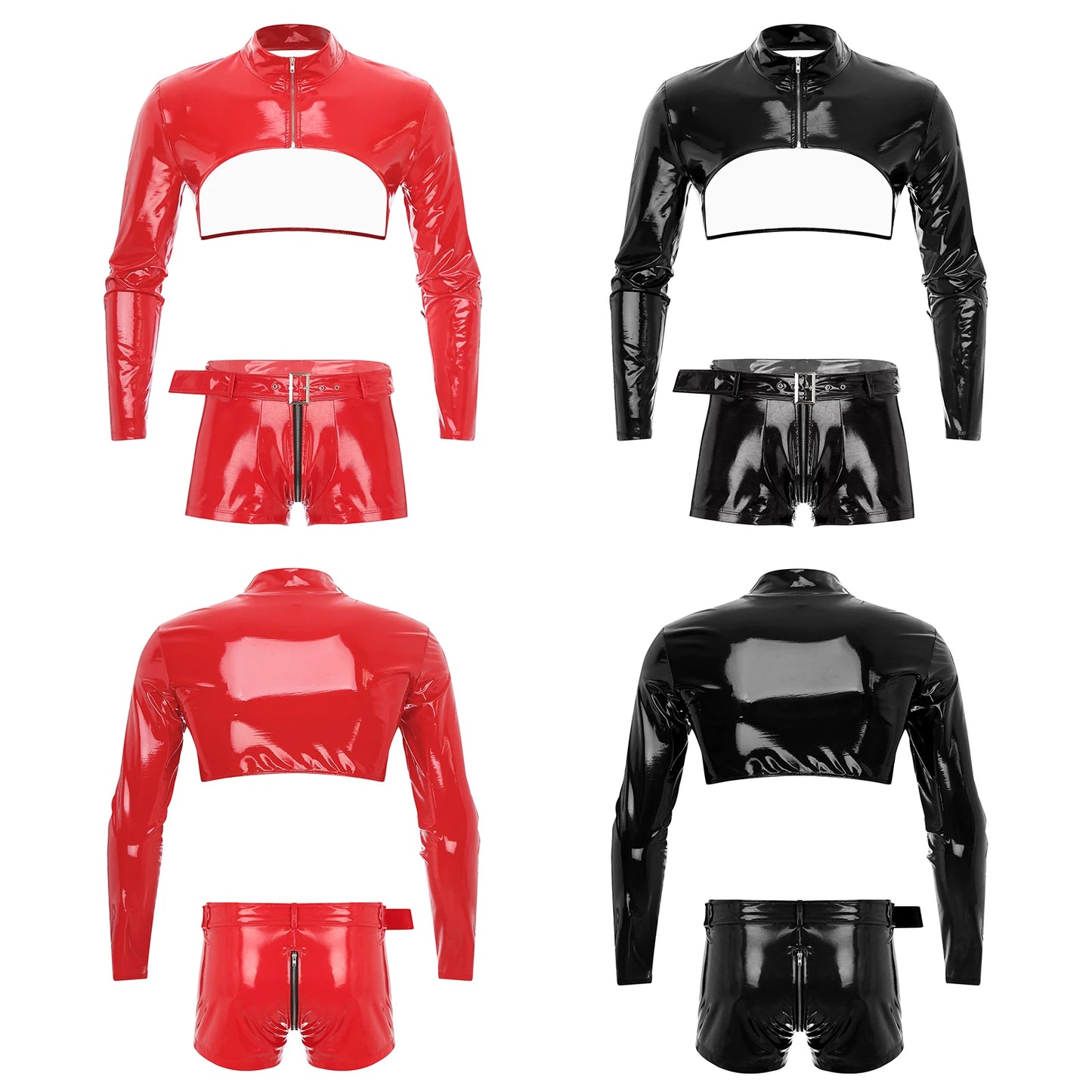 Men's Wet Look Patent Leather Rave Dance Outfit Party Clothes Long Sleeve Zipper Crop Top and Zip Crotch Shorts Set Clubwear
