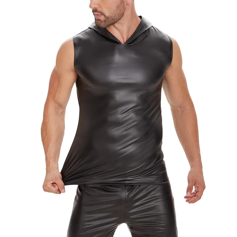 S-7XL Sexy Men's PU Faux Leather Summer Rock Punk Sleeveless Vest Solid Black Hooded Tee Shirt Vests Tanks Tee Tops Clothing