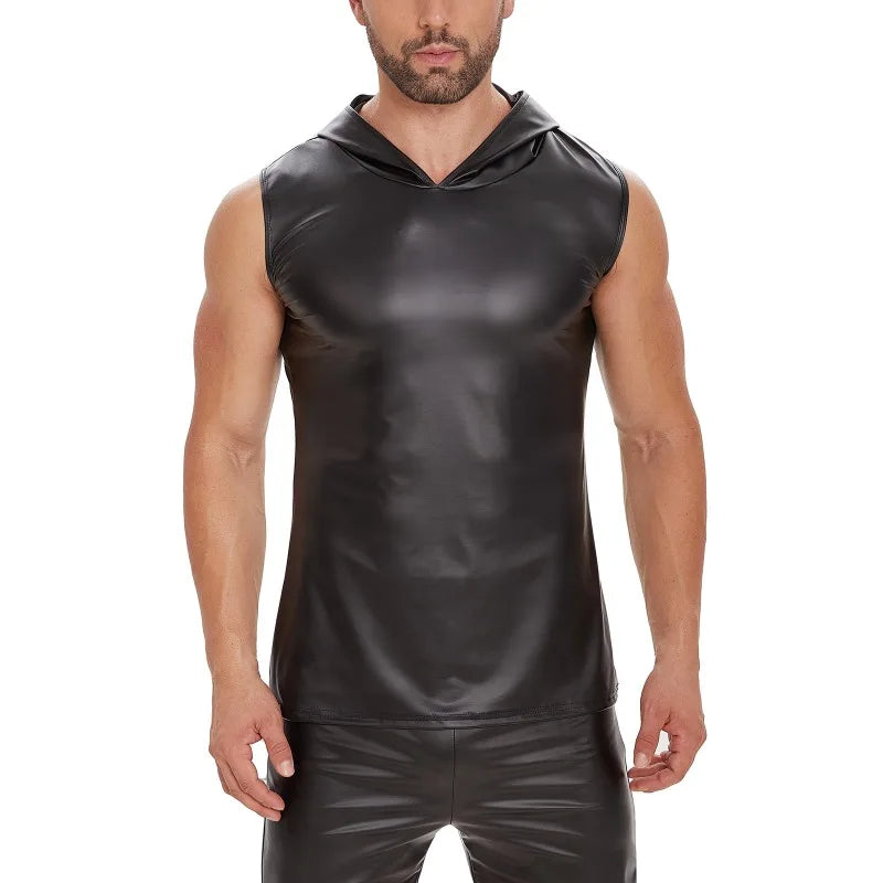 S-7XL Sexy Men's PU Faux Leather Summer Rock Punk Sleeveless Vest Solid Black Hooded Tee Shirt Vests Tanks Tee Tops Clothing