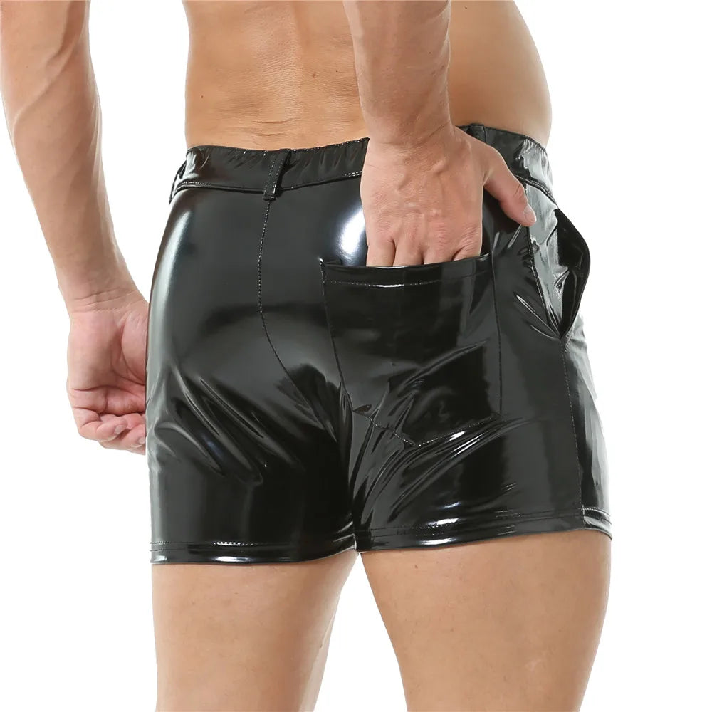 Men's Shiny PVC Leather Shorts Fashion Nightclub Latex Short Pants Zipper Men Sexy PU Leather Shorts with Pockets for Club Party