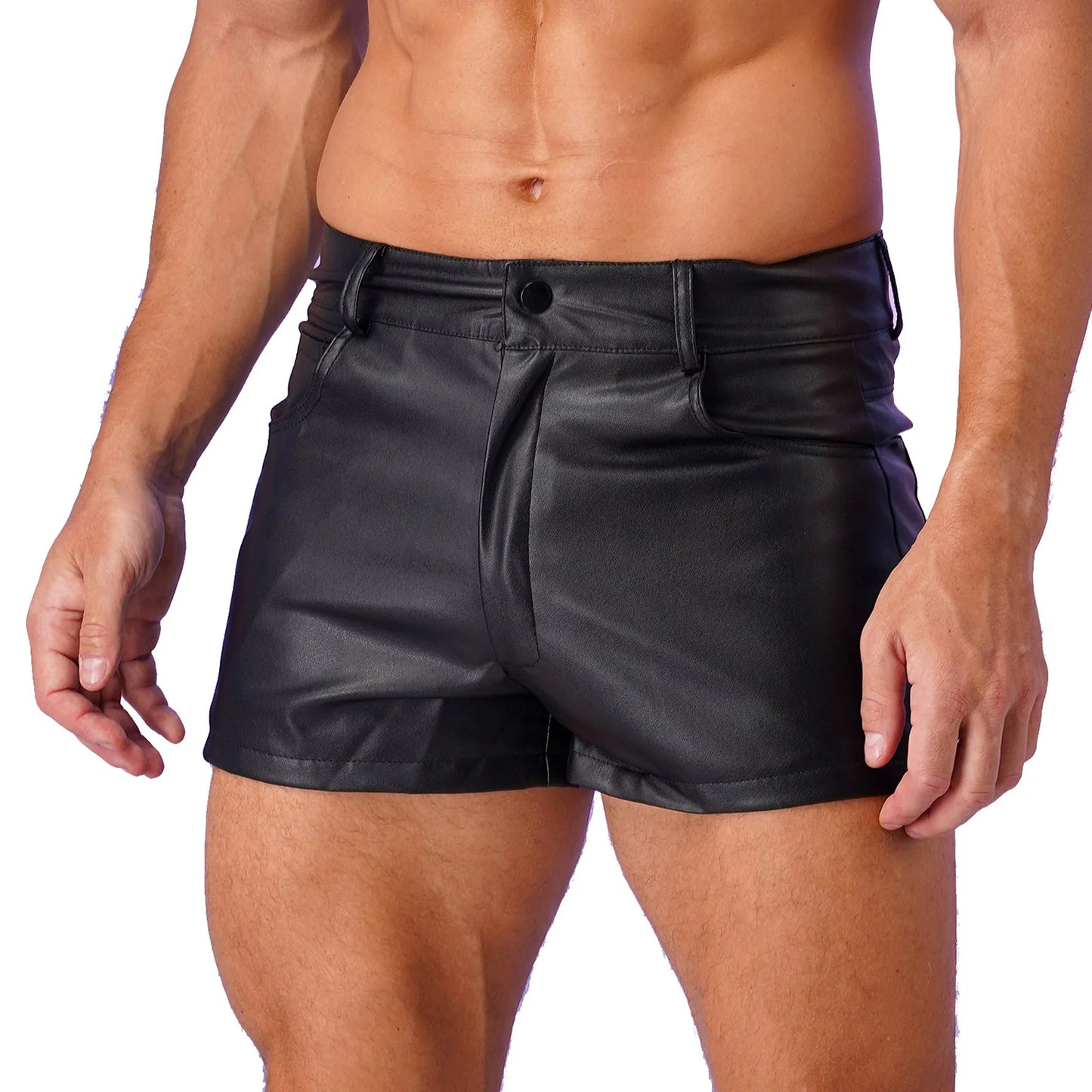 Mens PU Leather Casual Boxers Shorts Pockets Fully Lining Shorts Latex Punk Trunks Pole Dance Outfit Festivals Party Clubwear
