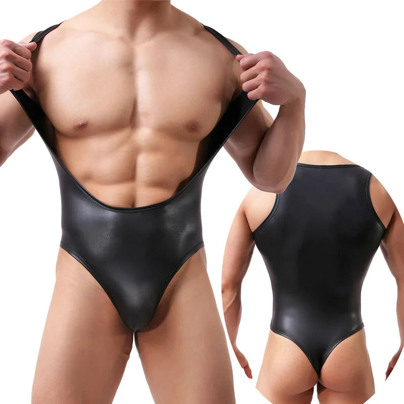 Mens Bodysuit Sexy One-piece Jumpsuits PU Leather Catsuit Gay Jockstrap Leotard Boxer Briefs Thongs Underwear Wrestling Singlet