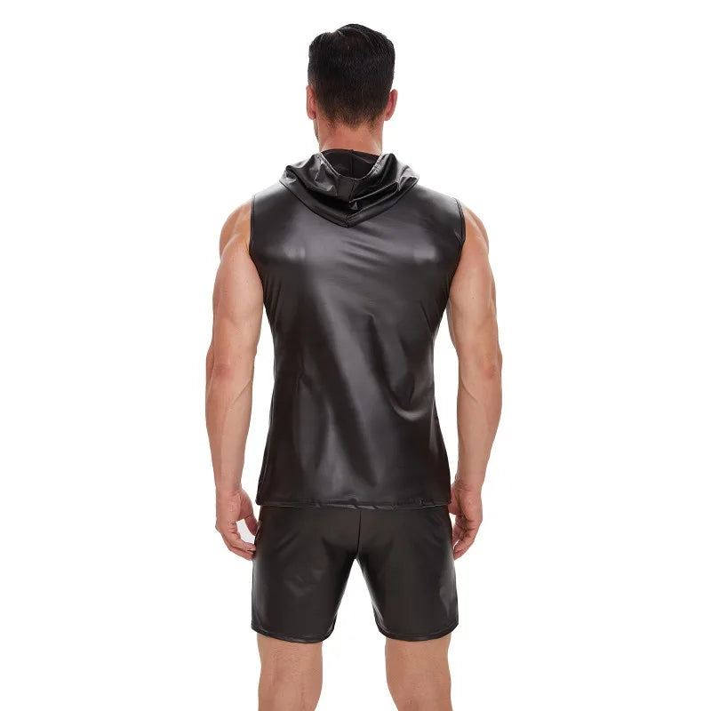 S-7XL Sexy Men's PU Faux Leather Summer Rock Punk Sleeveless Vest Solid Black Hooded Tee Shirt Vests Tanks Tee Tops Clothing