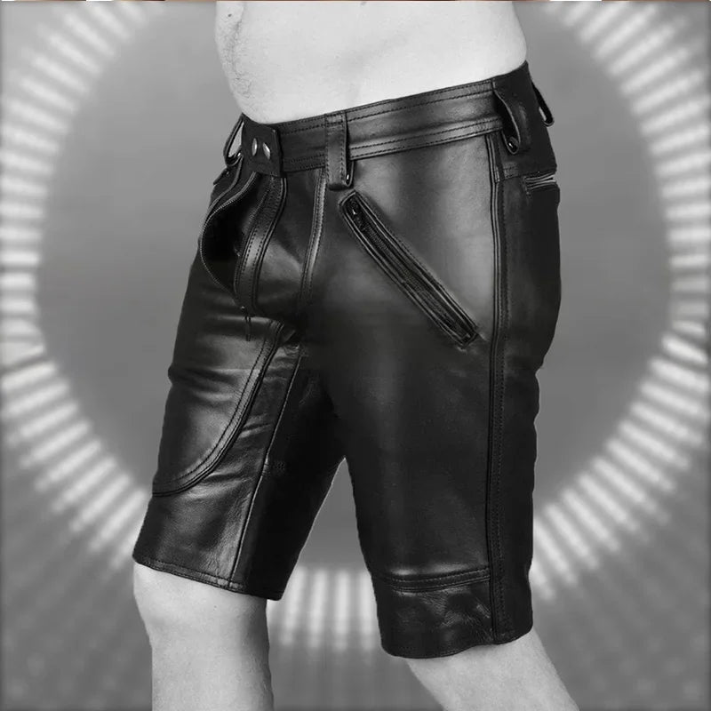 Sexy Men Faux Leather Open Crotch Erotic Shorts PVC Night Club Men Front Diagonal Zipper Rear Crotch Opening Trouser 2024