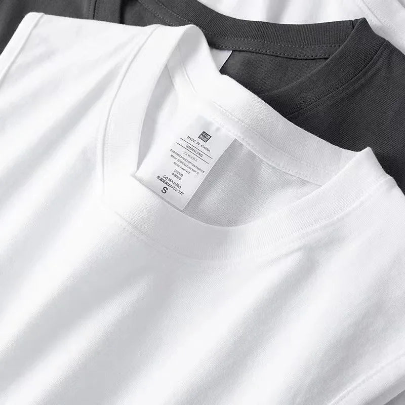 Summer 100% Cotton Men's Vest Casual Wide Shoulder O-Neck Sleeveless Tops Universal Solid Color Sports Fitness Loose Tank