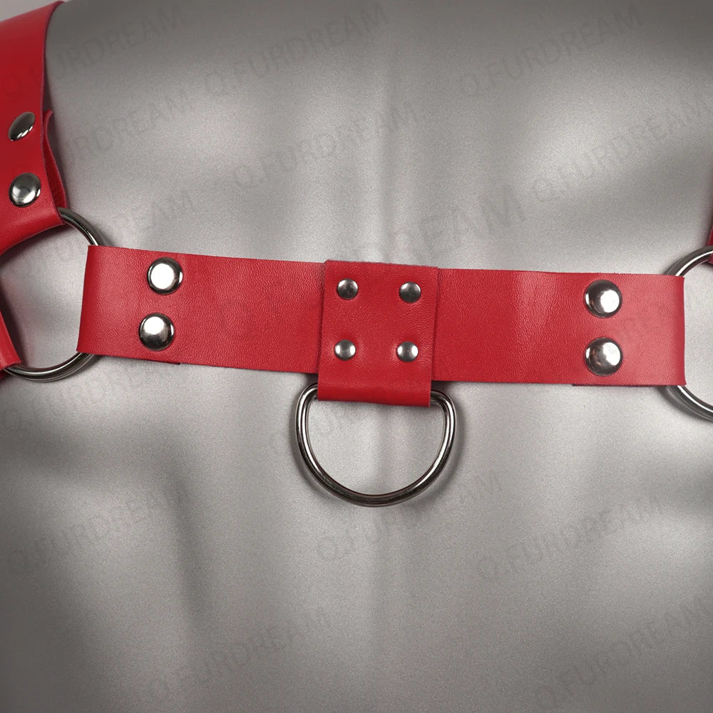 Red PU Leather Men Harness Fetish Wear for Gay Lingerie Fetish Gay Steampunk Corset Bust Suspenders Bondage Chest Harness Vegan