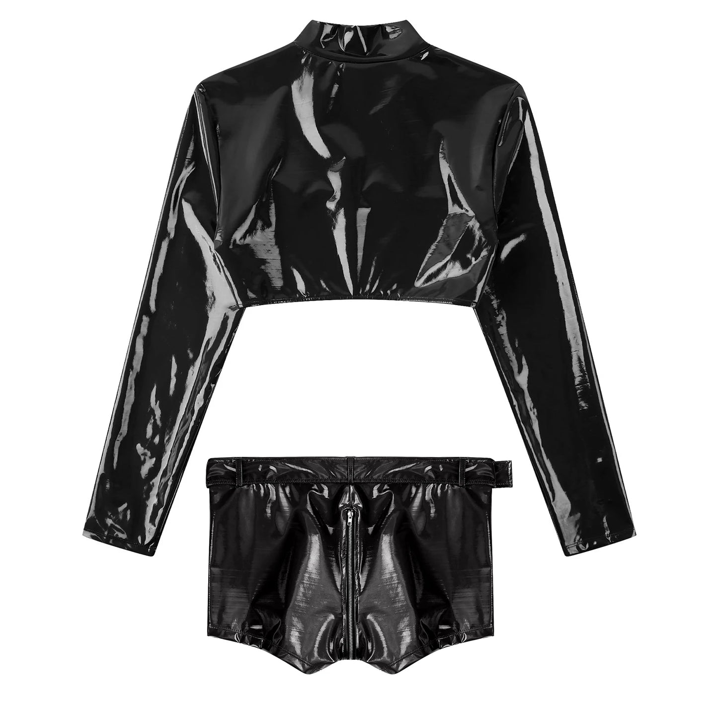 Men's Wet Look Patent Leather Rave Dance Outfit Party Clothes Long Sleeve Zipper Crop Top and Zip Crotch Shorts Set Clubwear