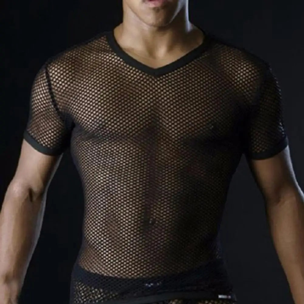 See Through Men T-shirt Sexy Mesh Breathable Male Top Solid Color Breathable Men Fishnet T-shirt Men's Clothing