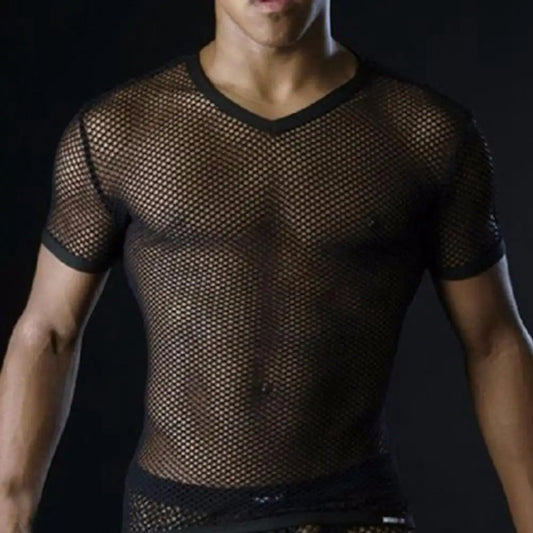 See Through Men T-shirt Sexy Mesh Breathable Male Top Solid Color Breathable Men Fishnet T-shirt Men's Clothing
