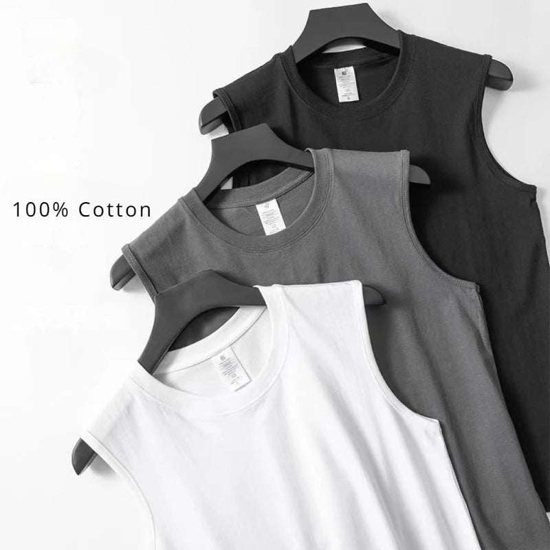 Summer 100% Cotton Men's Vest Casual Wide Shoulder O-Neck Sleeveless Tops Universal Solid Color Sports Fitness Loose Tank