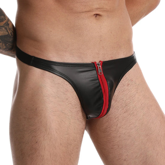 Men's Leather Underwear Men Zipper Male Underpants