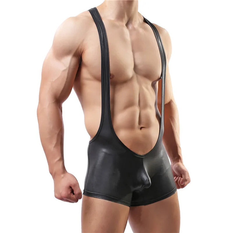 Sexy Mens Undershirts Black Bodysuit One-piece Jumpsuits Wrestling Singlet PU Leather Leotard Men Sexy Underwear Dance Clubwear