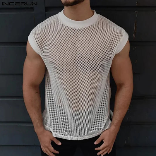 INCERUN Men's Tank Tops Mesh Transparent Summer O-neck Sleeveless Male Vests Streetwear 2024 Sexy Fashion Casual Men Clothing