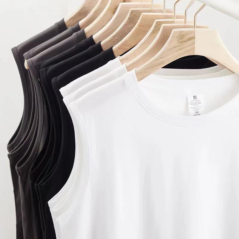 Summer 100% Cotton Men's Vest Casual Wide Shoulder O-Neck Sleeveless Tops Universal Solid Color Sports Fitness Loose Tank